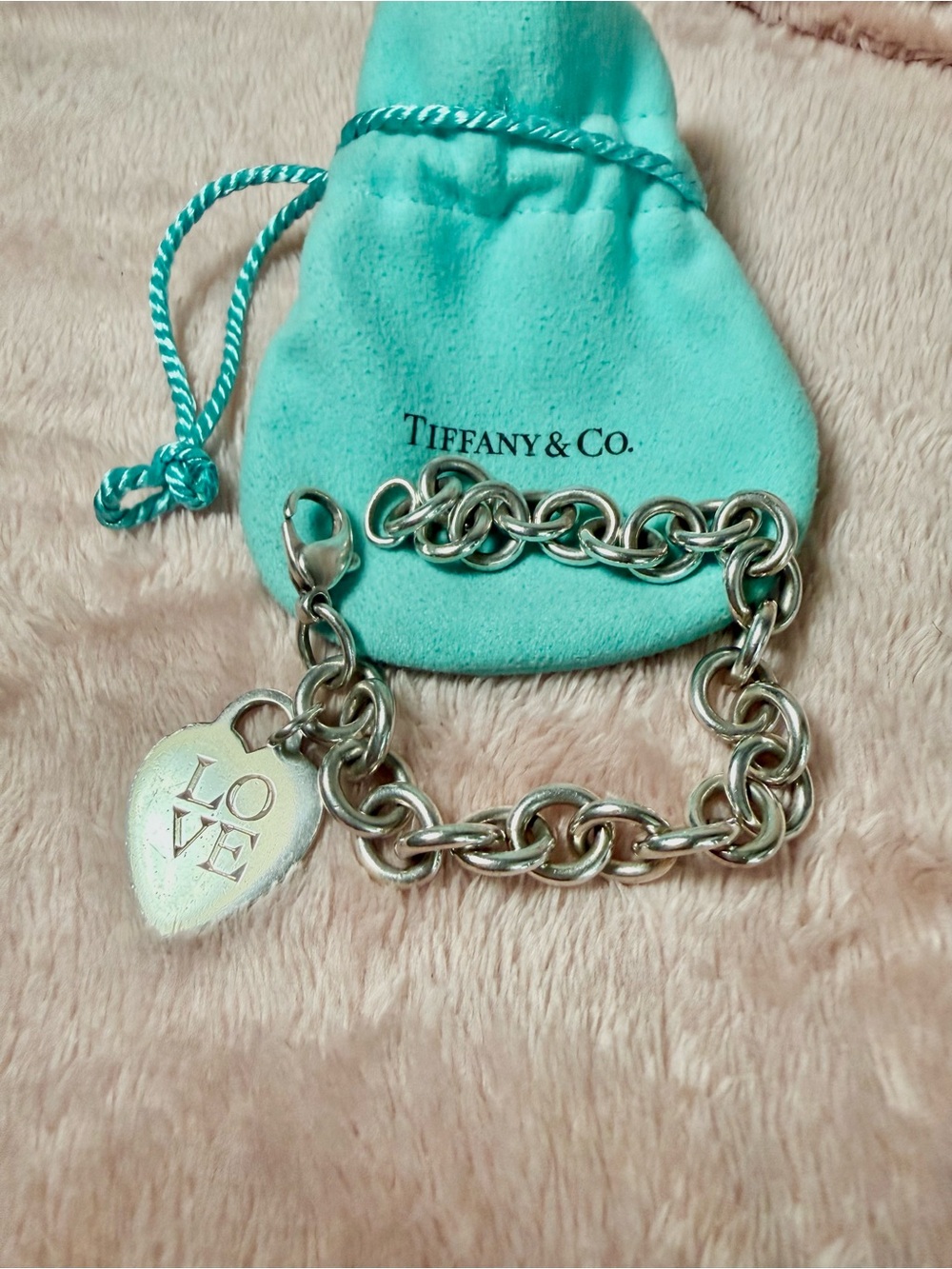 Tiffany & Co. Sterling Silver LOVE Heart Charm Bracelet with Blue Pouch